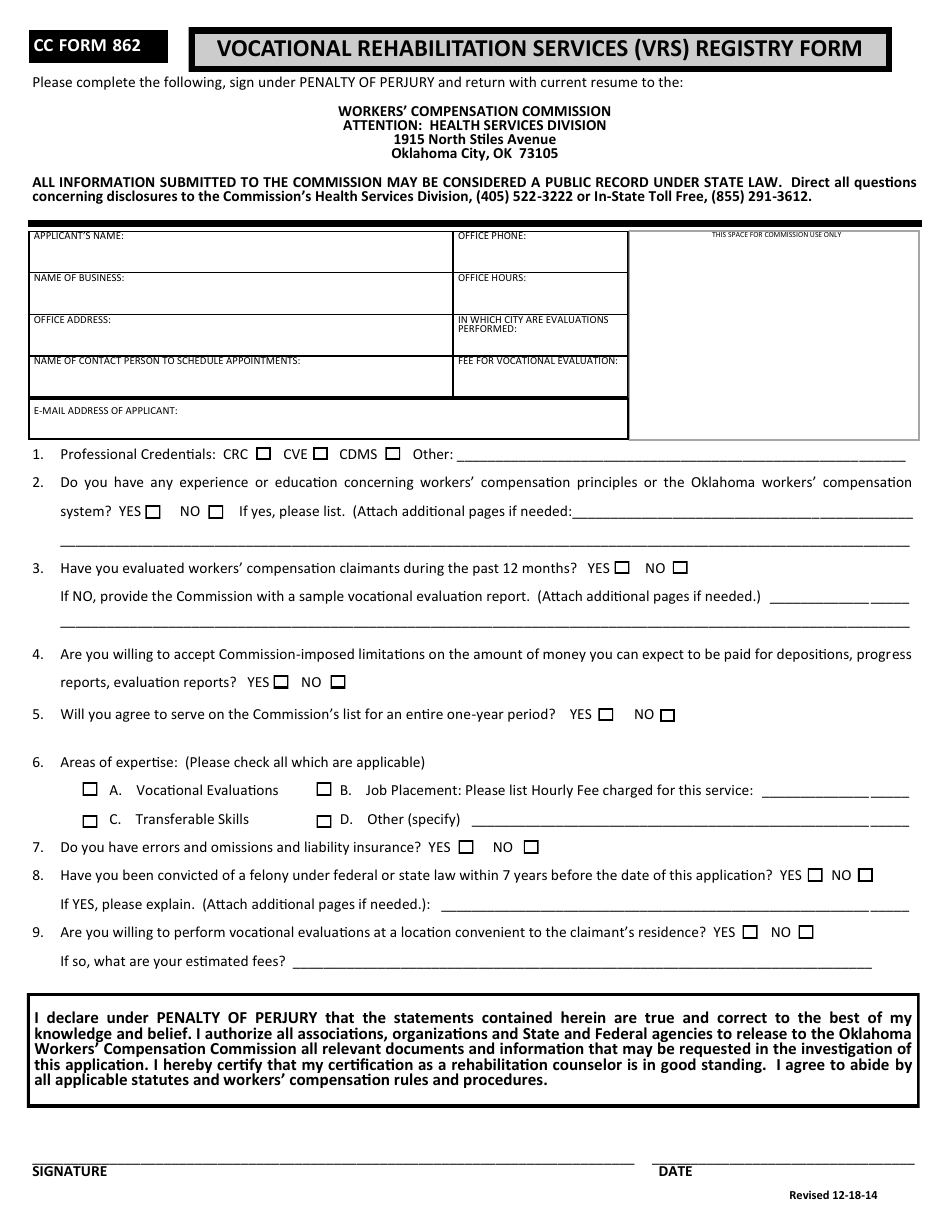 CC- Form 862 Vocational Rehabilitation Services (Vrs) Registry Form - Oklahoma, Page 1