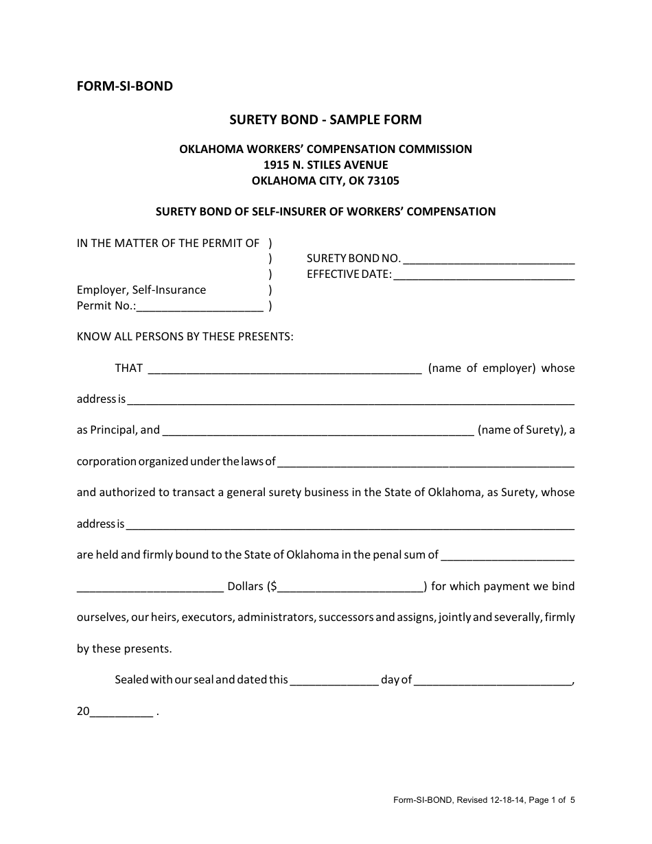 Sample Form SI-BOND Surety Bond of Self-insurer of Workers Compensation - Oklahoma, Page 1