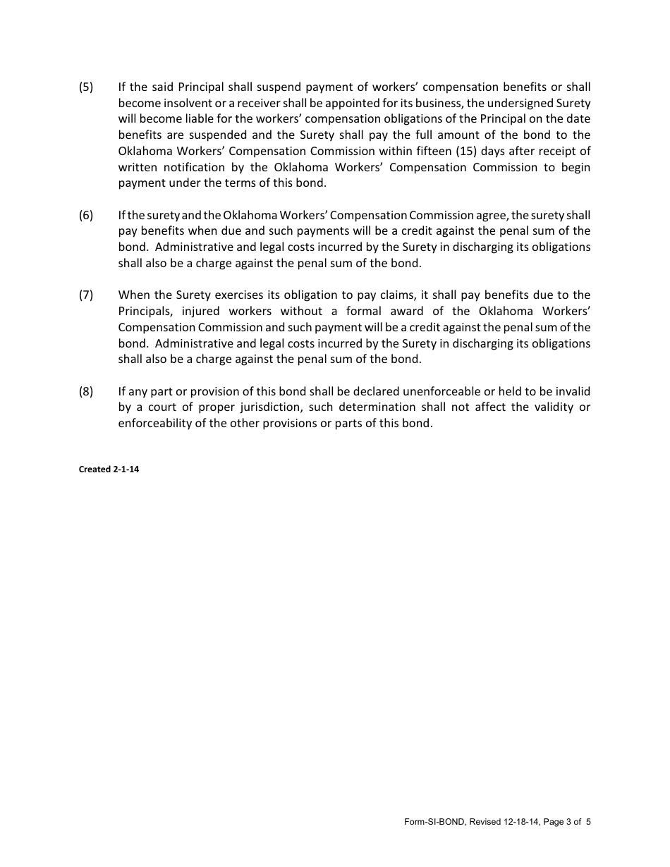 Sample Form SI-BOND Surety Bond of Self-insurer of Workers Compensation - Oklahoma, Page 3