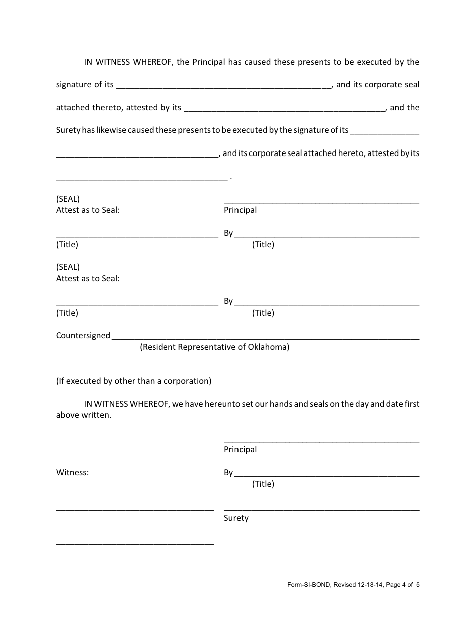 Sample Form SI-BOND Surety Bond of Self-insurer of Workers Compensation - Oklahoma, Page 4