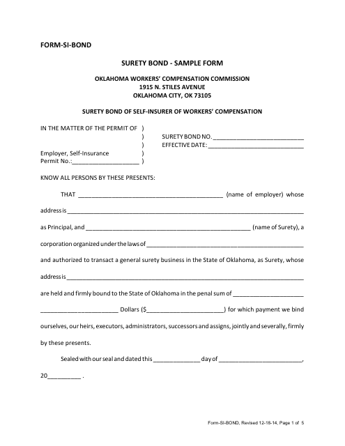 Sample Form SI-BOND Surety Bond of Self-insurer of Workers' Compensation - Oklahoma
