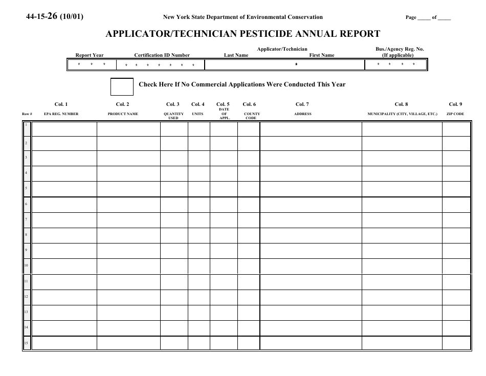 Form 44-15-26 Applicator / Technician Pesticide Annual Report - New York, Page 1