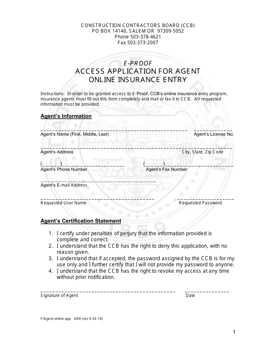 E-Proof Access Application for Agent Online Insurance Entry - Oregon, Page 1