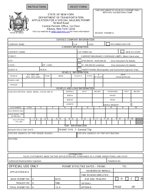 Form PERM39 Application for a Special Hauling Permit - New York