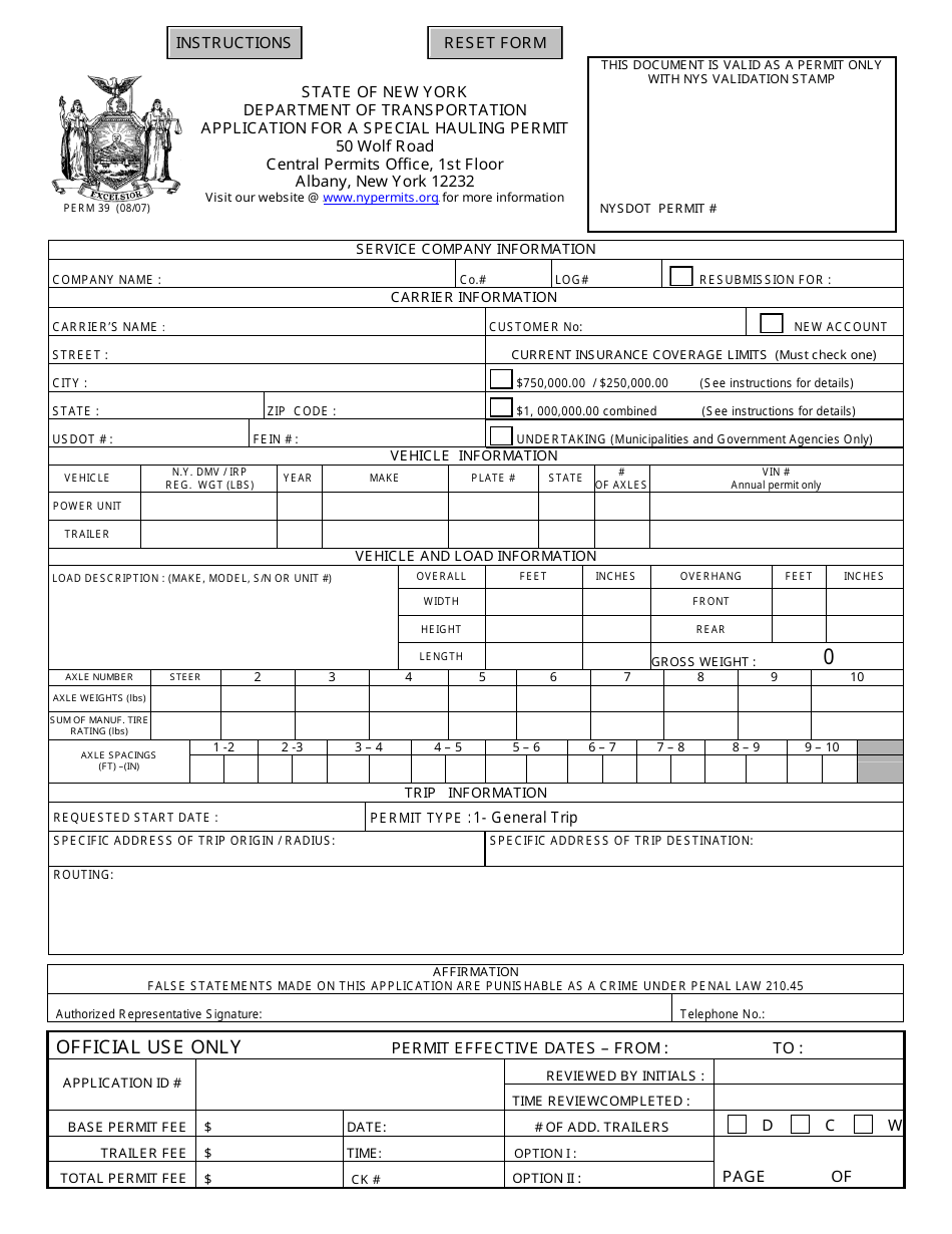 Form PERM39 Application for a Special Hauling Permit - New York, Page 1