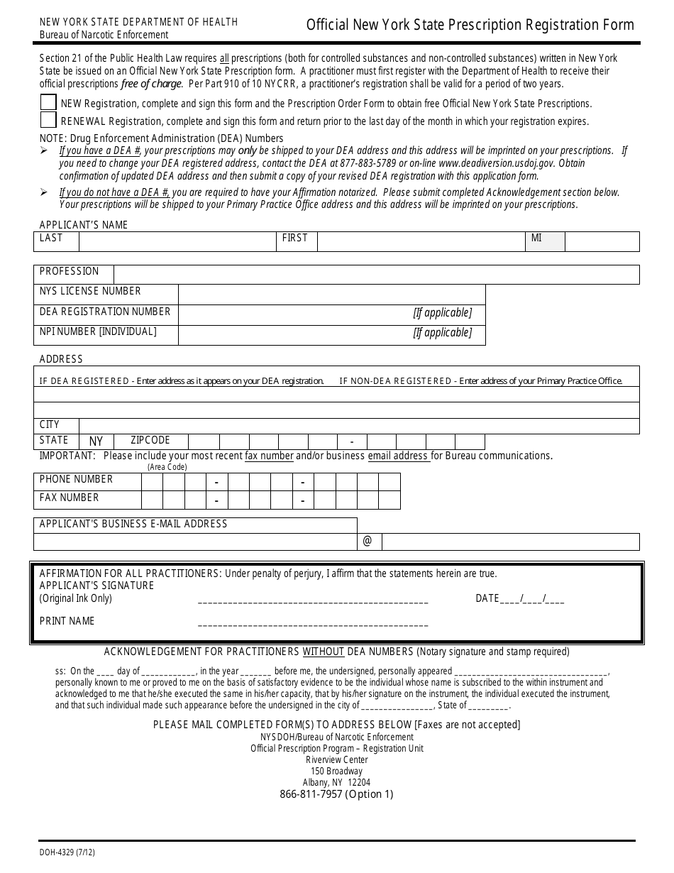 Form DOH-4329 Official New York State Prescription Registration Form - New York, Page 1