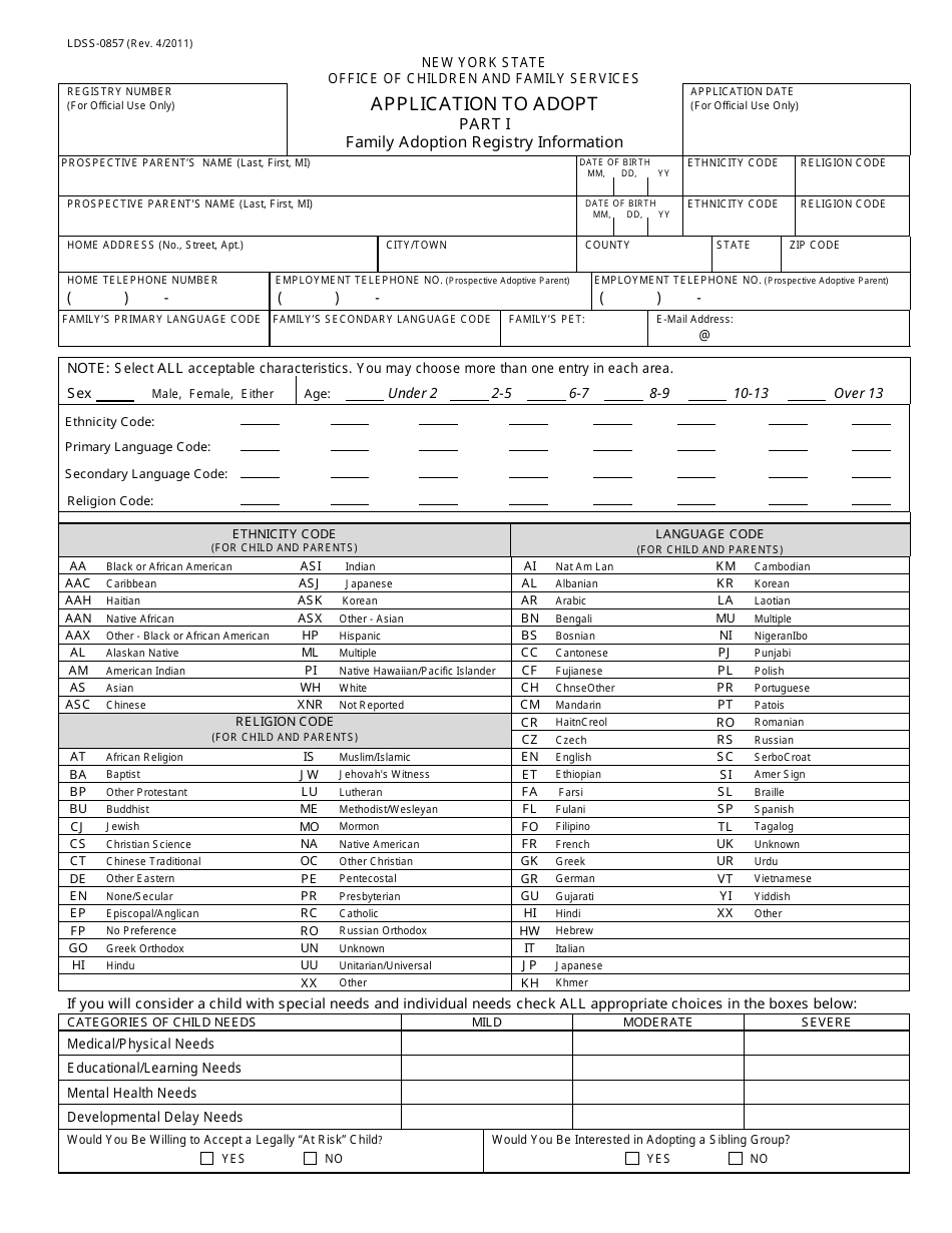Form LDSS-0857 Application to Adopt - New York, Page 1