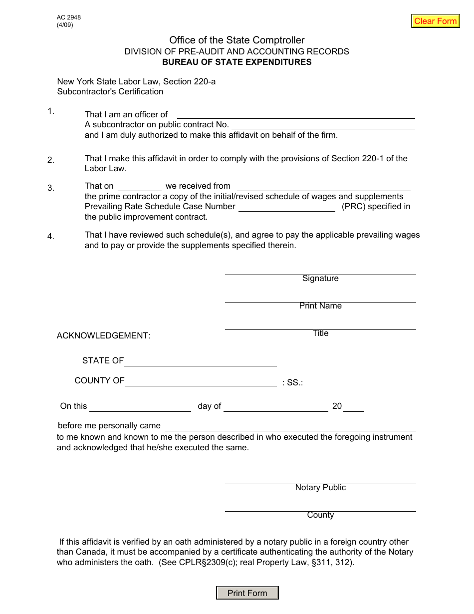 Form AC2948 Subcontractors Certification - New York, Page 1