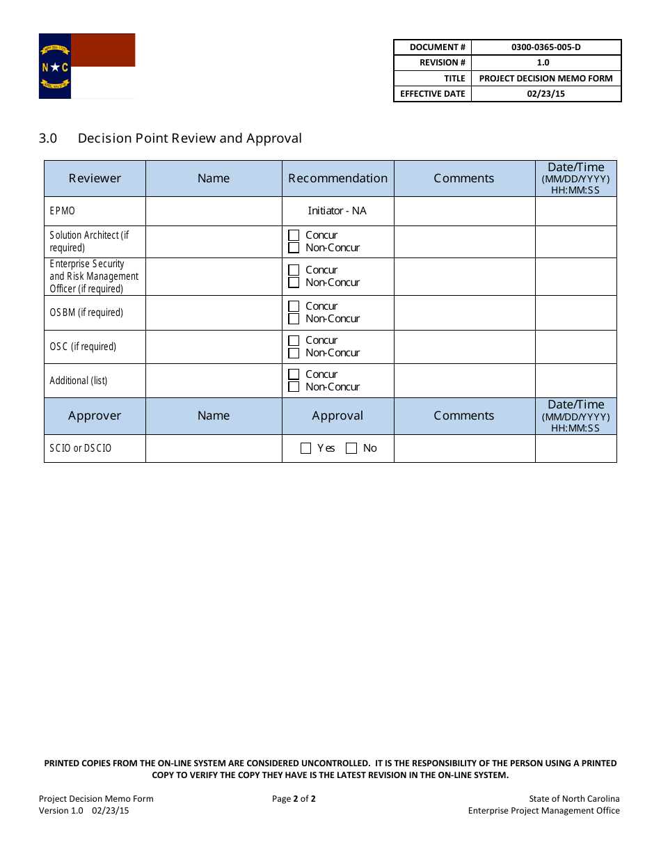 Project Decision Memo Form - North Carolina, Page 2
