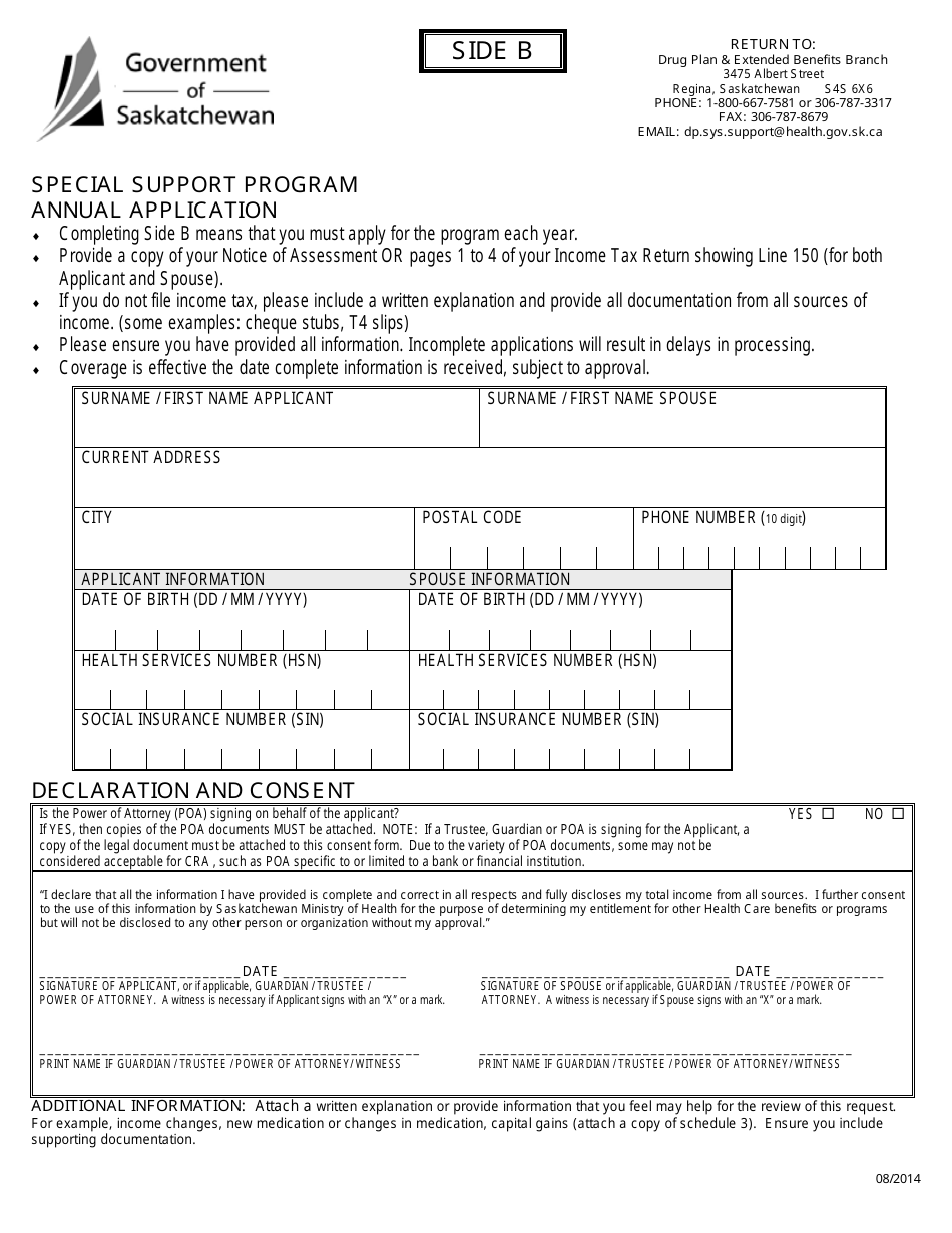 Side B Special Support Program Annual Application - Saskatchewan, Canada, Page 1