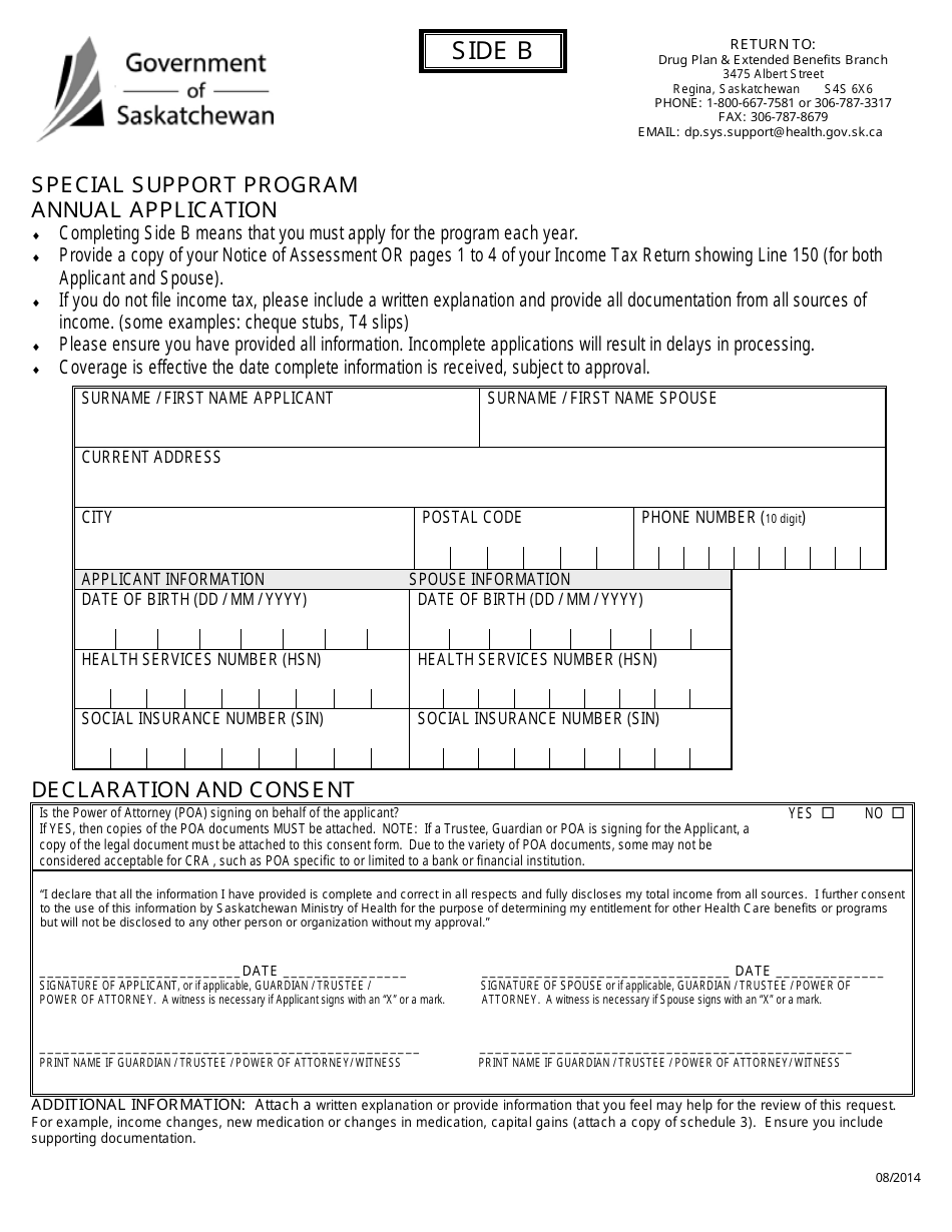 Saskatchewan Canada Special Support Program Annual Application Fill