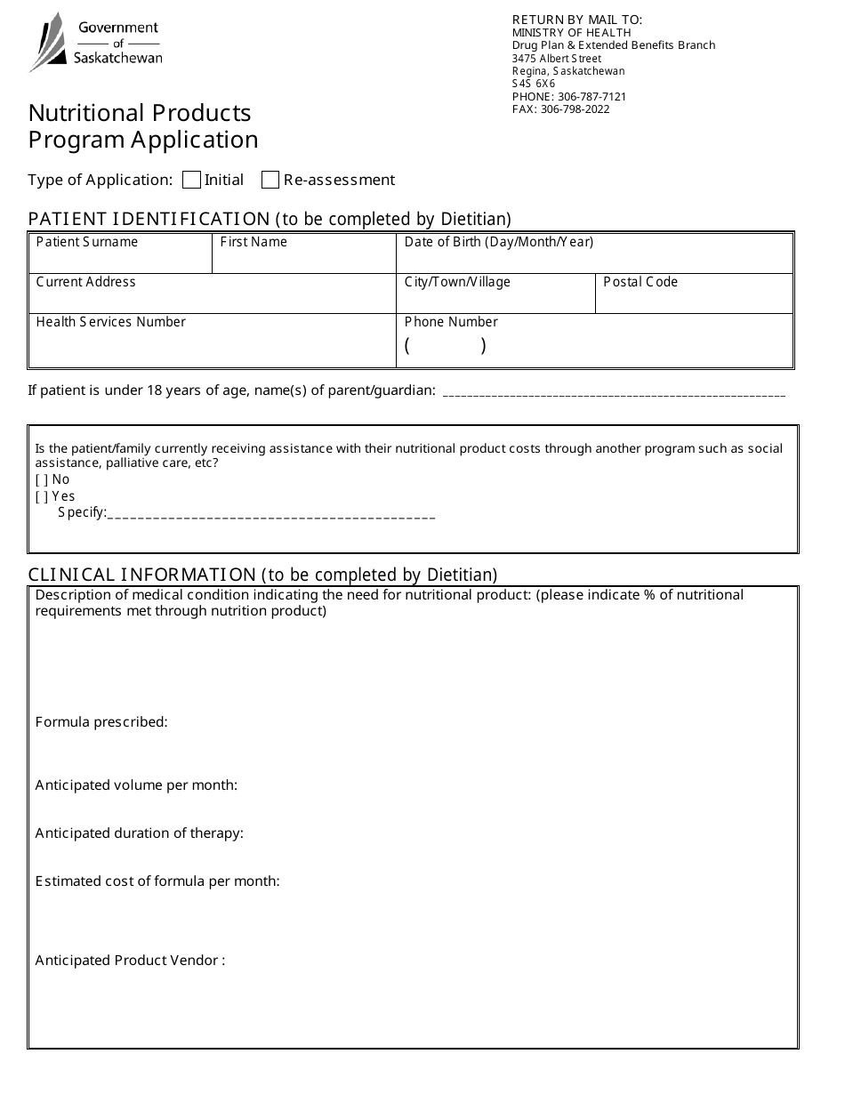 Nutritional Products Program Application - Saskatchewan, Canada, Page 1