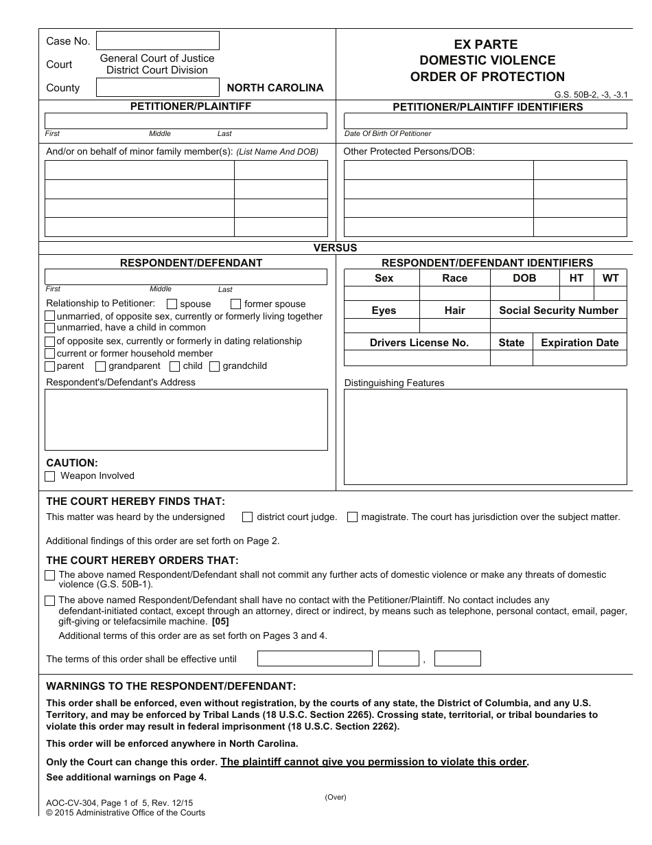 Form AOC-CV-304 Ex Parte Domestic Violence Order of Protection - North Carolina, Page 1