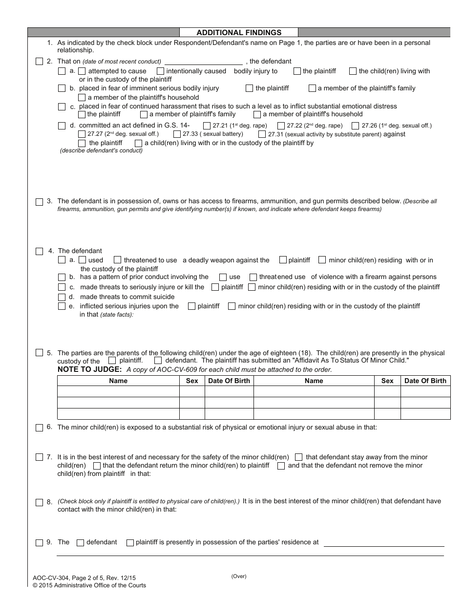 Form AOC-CV-304 Ex Parte Domestic Violence Order of Protection - North Carolina, Page 2