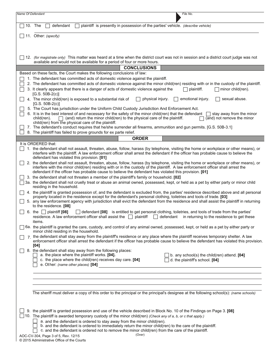 Form AOC-CV-304 Ex Parte Domestic Violence Order of Protection - North Carolina, Page 3
