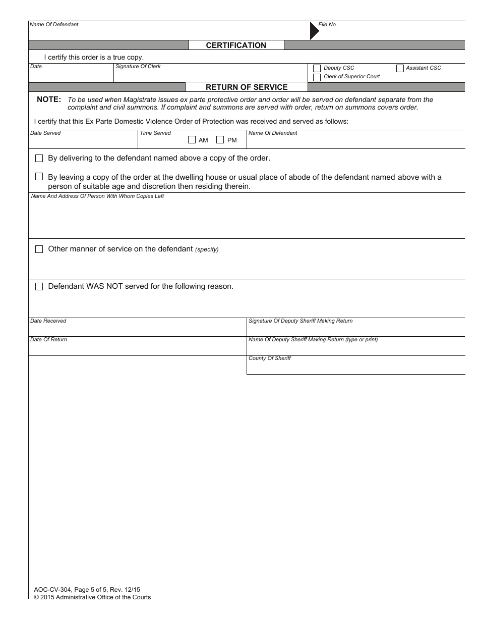 Form AOC-CV-304 Ex Parte Domestic Violence Order of Protection - North Carolina, Page 5