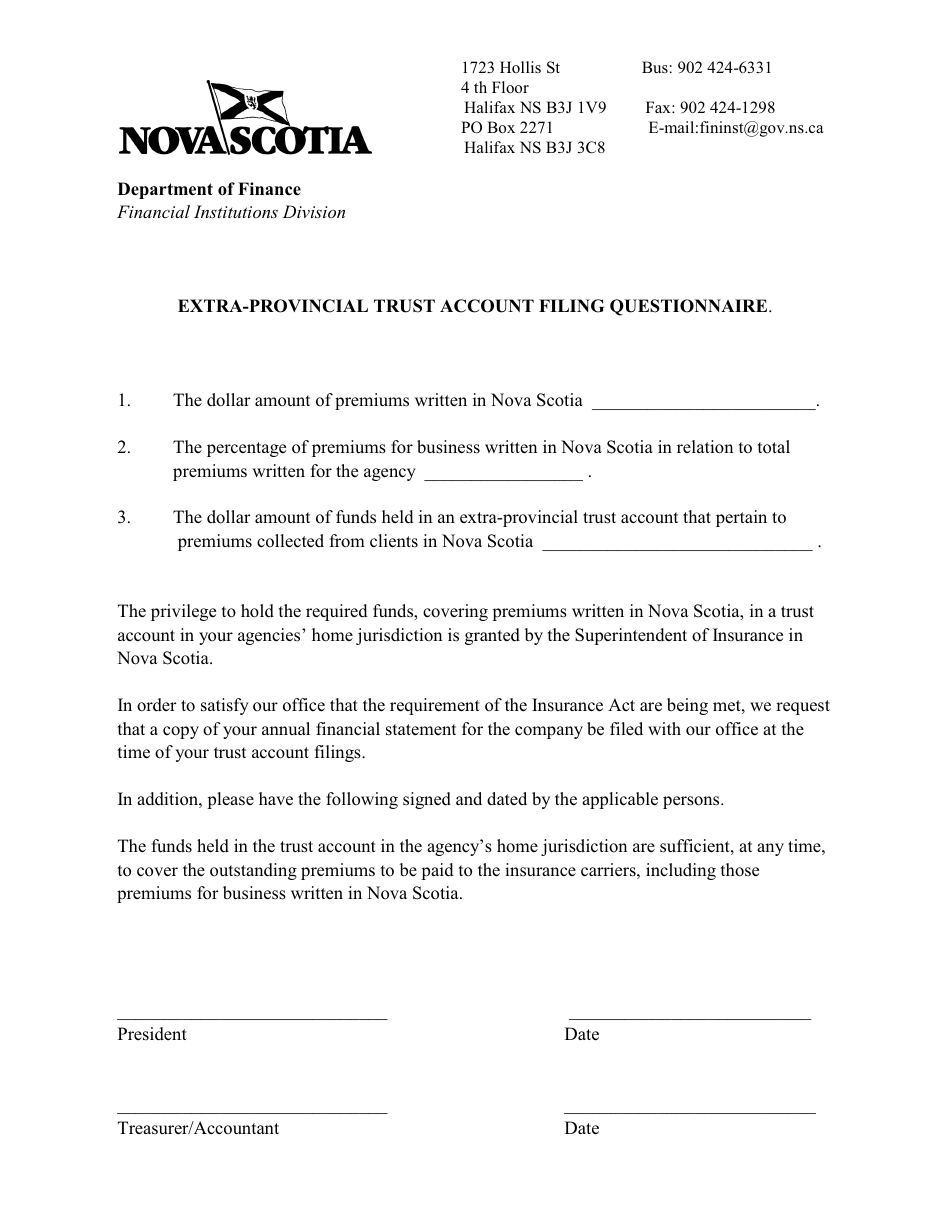 Extra-provincial Trust Account Filing Questionnaire - Nova Scotia, Canada, Page 1