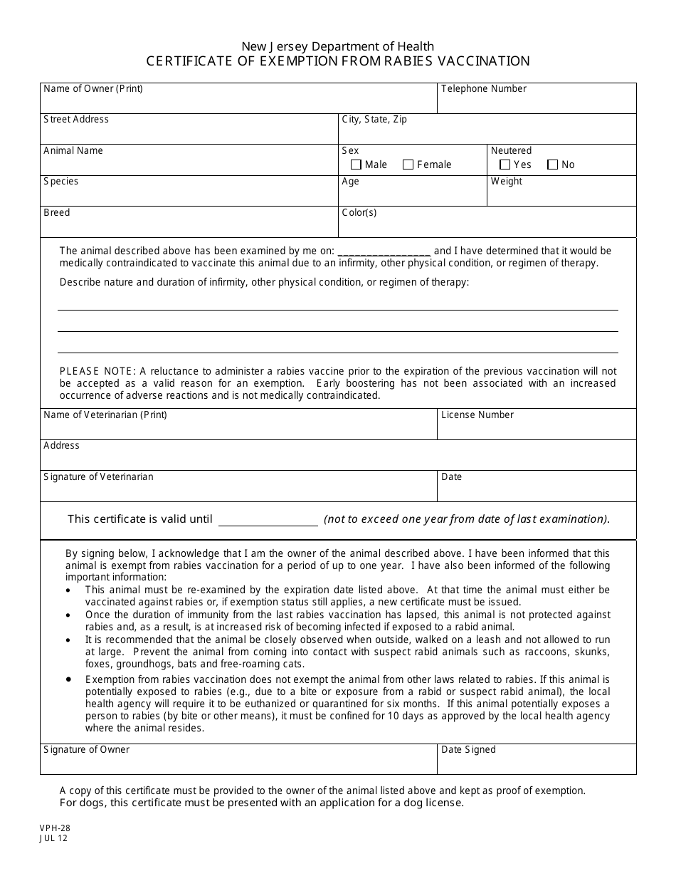 Form VPH-28 Certificate of Exemption From Rabies Vaccination - New Jersey, Page 1