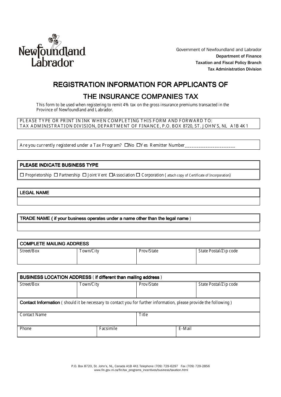 Registration Information for Applicants of the Insurance Companies Tax - Newfoundland and Labrador, Canada, Page 1