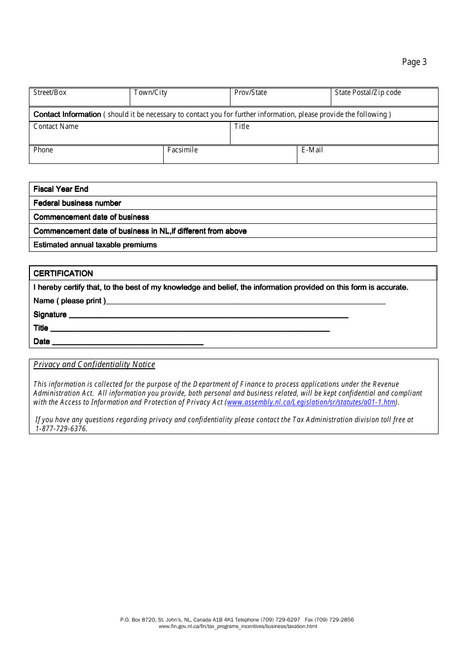Registration Information for Applicants of the Insurance Companies Tax - Newfoundland and Labrador, Canada, Page 3