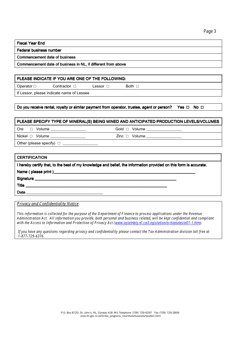 Registration Information for Applicants of the Mining and Mineral Rights Tax - Newfoundland and Labrador, Canada, Page 3