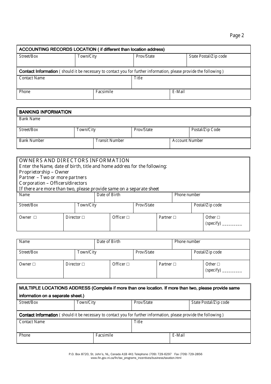 Registration Information for Applicants of the Parimutuel Tax (Pursuant to the Revenue Administration Act) - Newfoundland and Labrador, Canada, Page 2