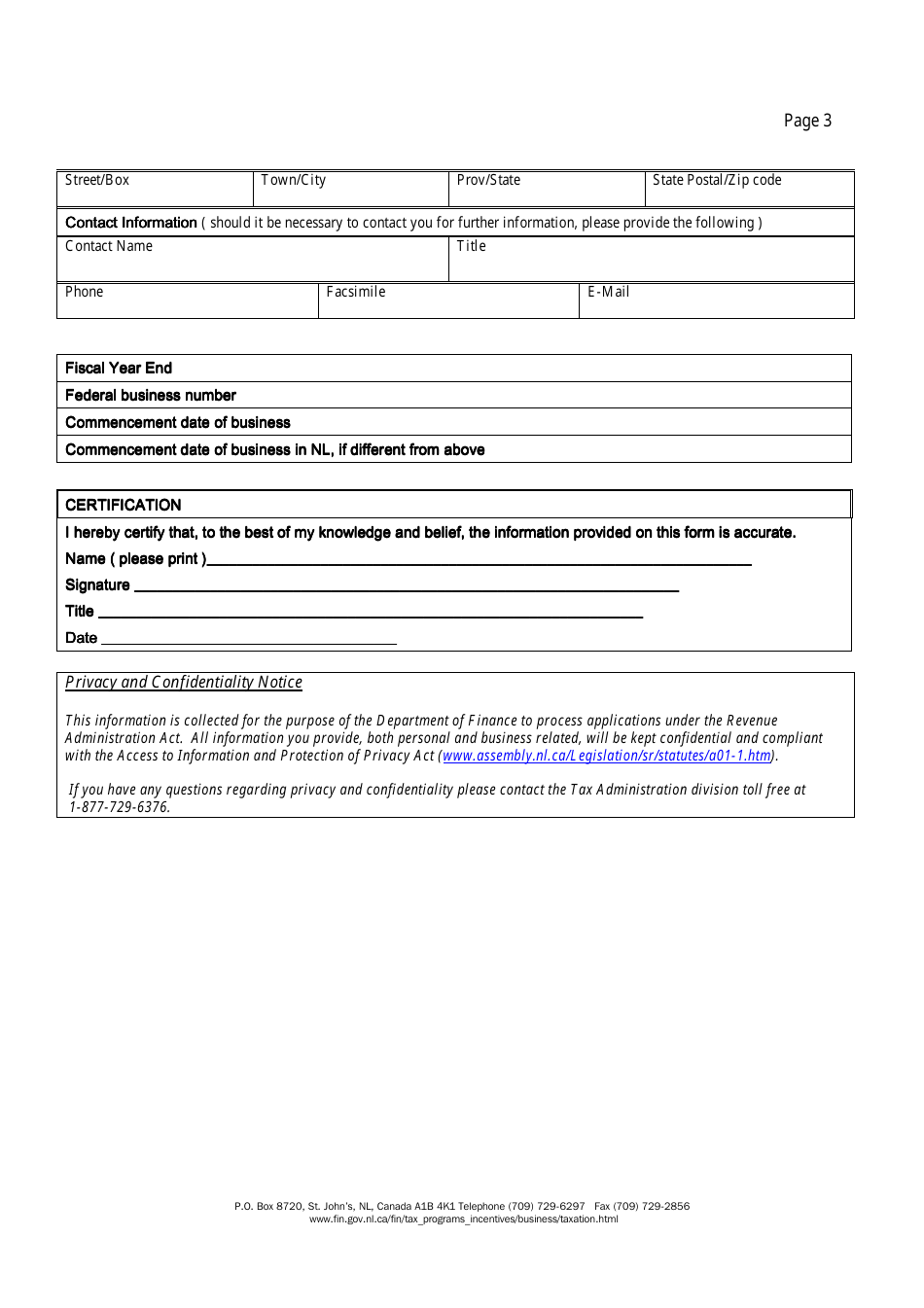 Registration Information for Applicants of the Parimutuel Tax (Pursuant to the Revenue Administration Act) - Newfoundland and Labrador, Canada, Page 3