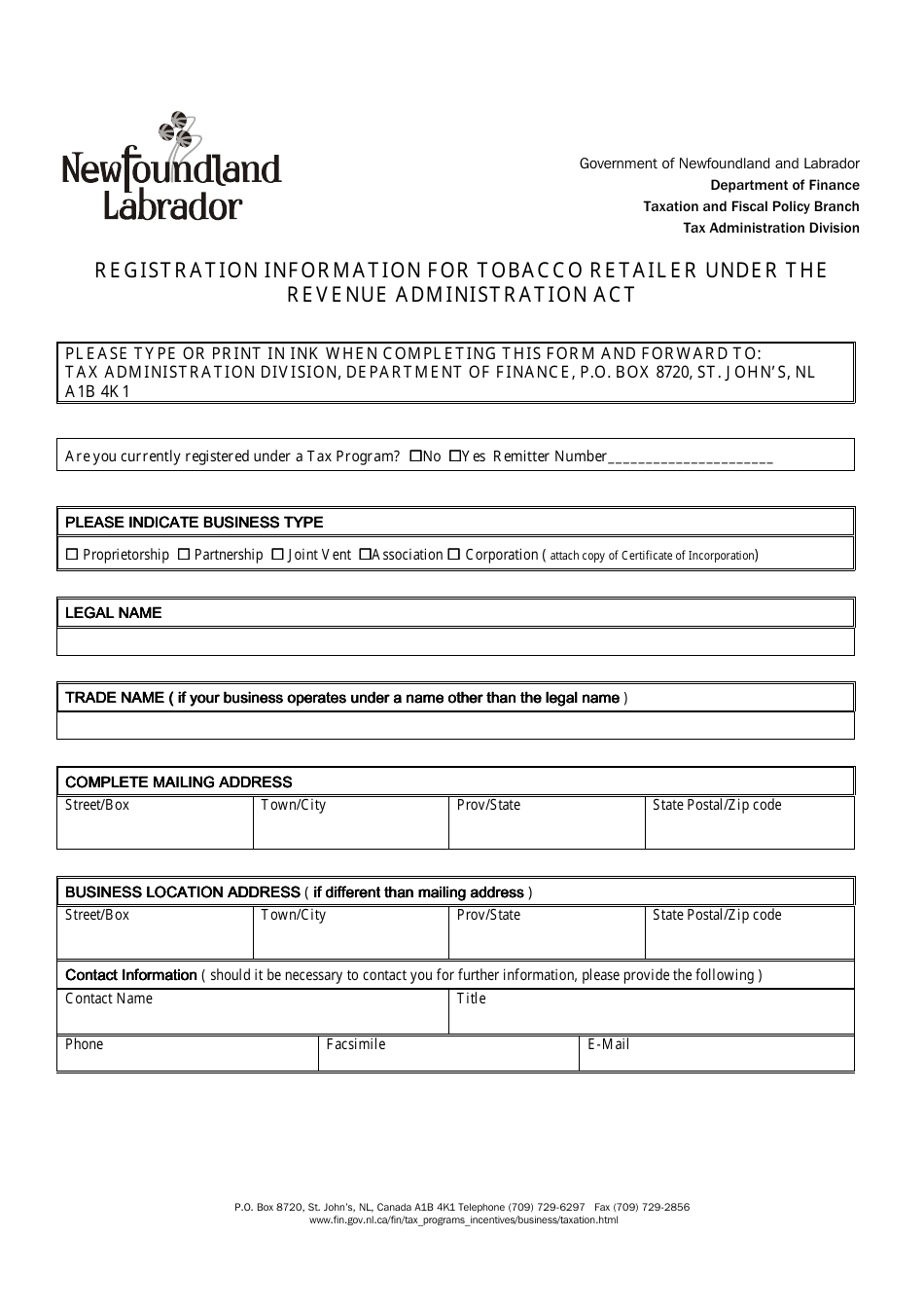 Registration Information for Tobacco Retailer Under the Revenue Administration Act - Newfoundland and Labrador, Canada, Page 1