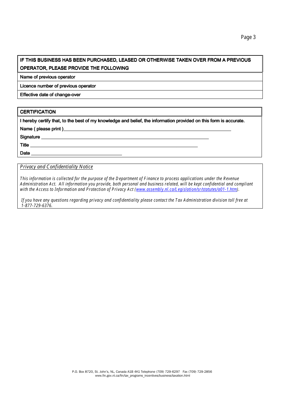Registration Information for Tobacco Retailer Under the Revenue Administration Act - Newfoundland and Labrador, Canada, Page 3