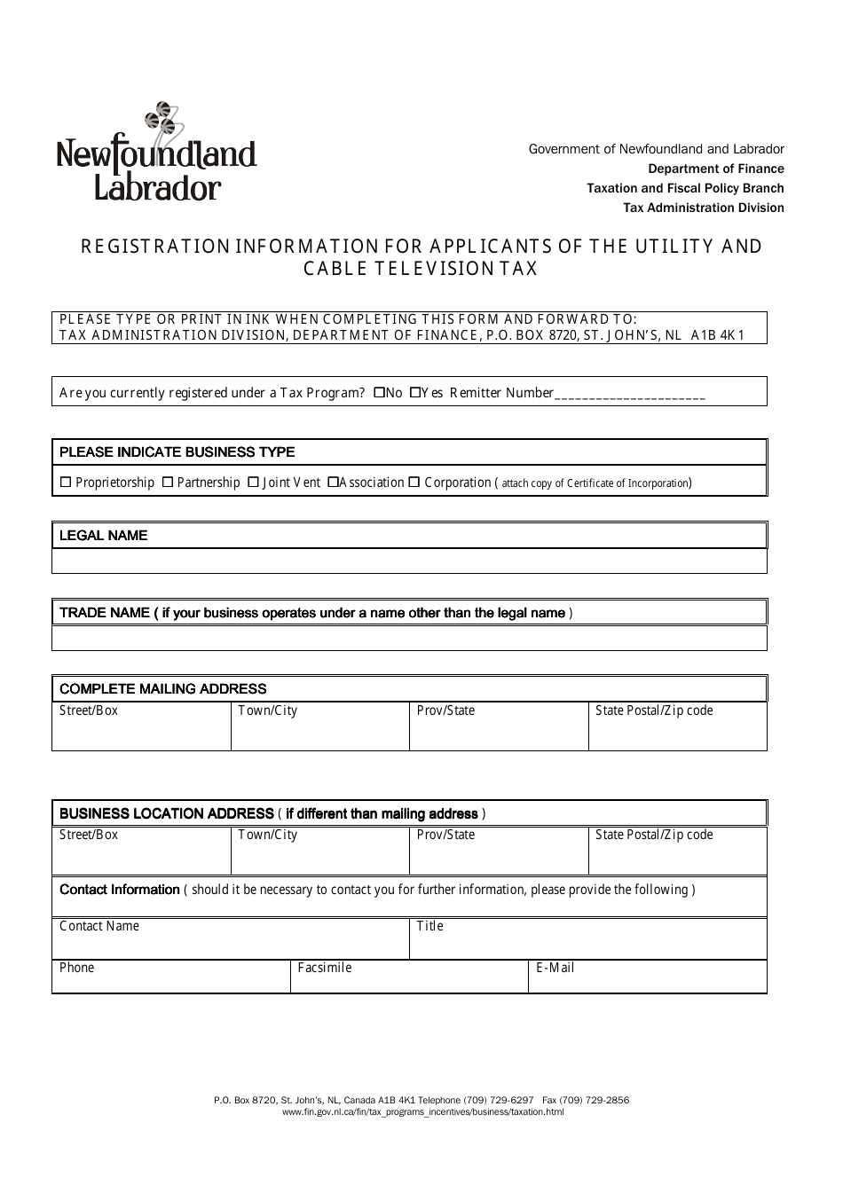 Registration Information for Applicants of the Utility and Cable Television Tax - Newfoundland and Labrador, Canada, Page 1