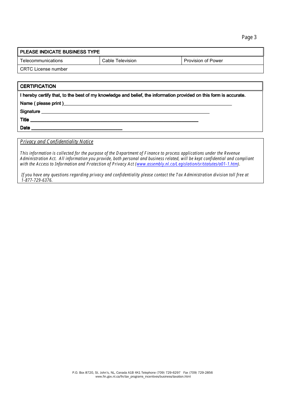 Registration Information for Applicants of the Utility and Cable Television Tax - Newfoundland and Labrador, Canada, Page 3