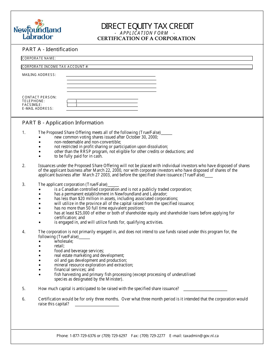 Direct Equity Tax Credit Program Application Form - Newfoundland and Labrador, Canada, Page 1