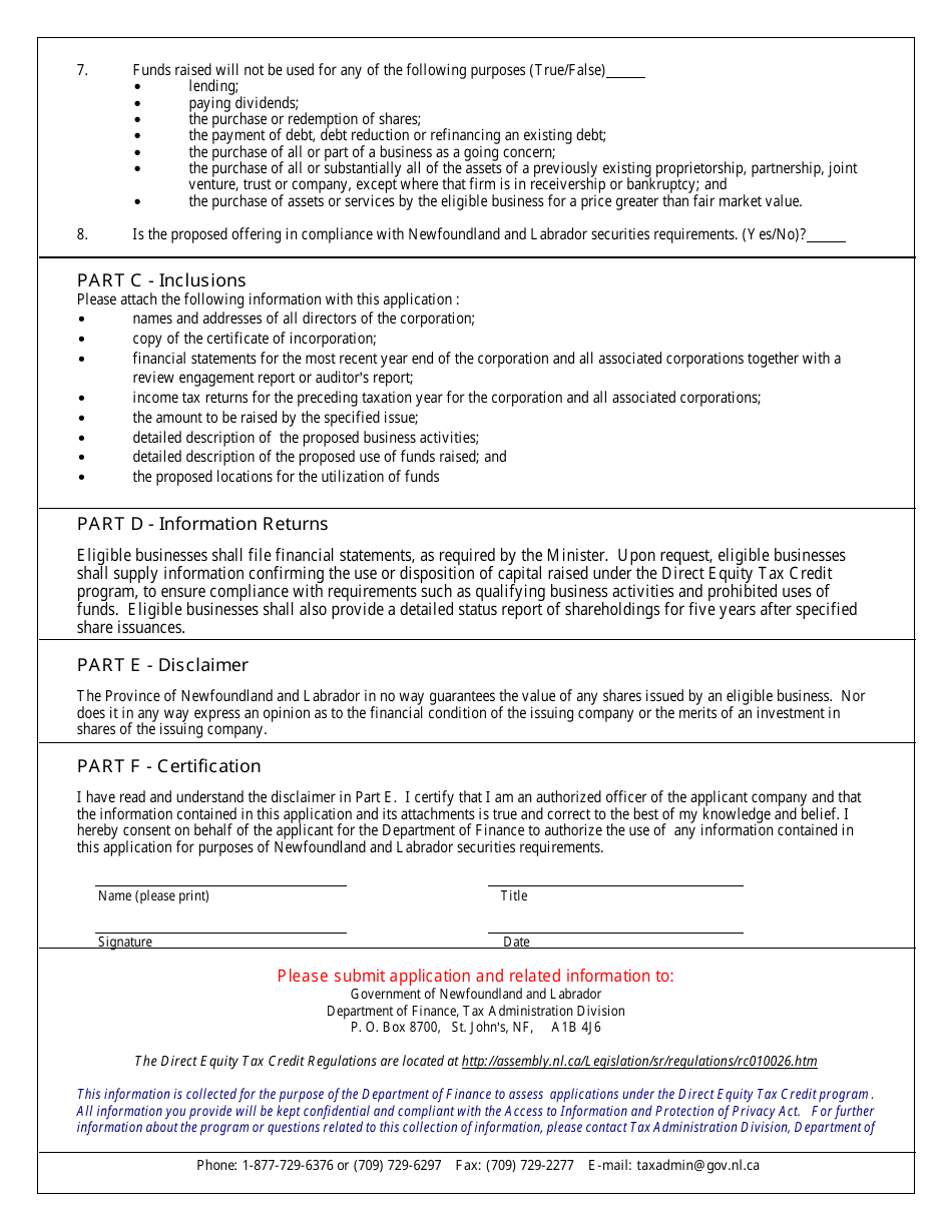 Direct Equity Tax Credit Program Application Form - Newfoundland and Labrador, Canada, Page 2