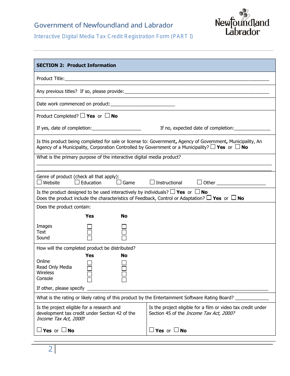 Interactive Digital Media Tax Credit Registration Application (Part I) - Newfoundland and Labrador, Canada, Page 2