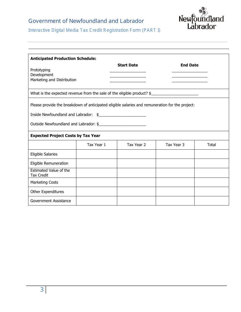 Interactive Digital Media Tax Credit Registration Application (Part I) - Newfoundland and Labrador, Canada, Page 3