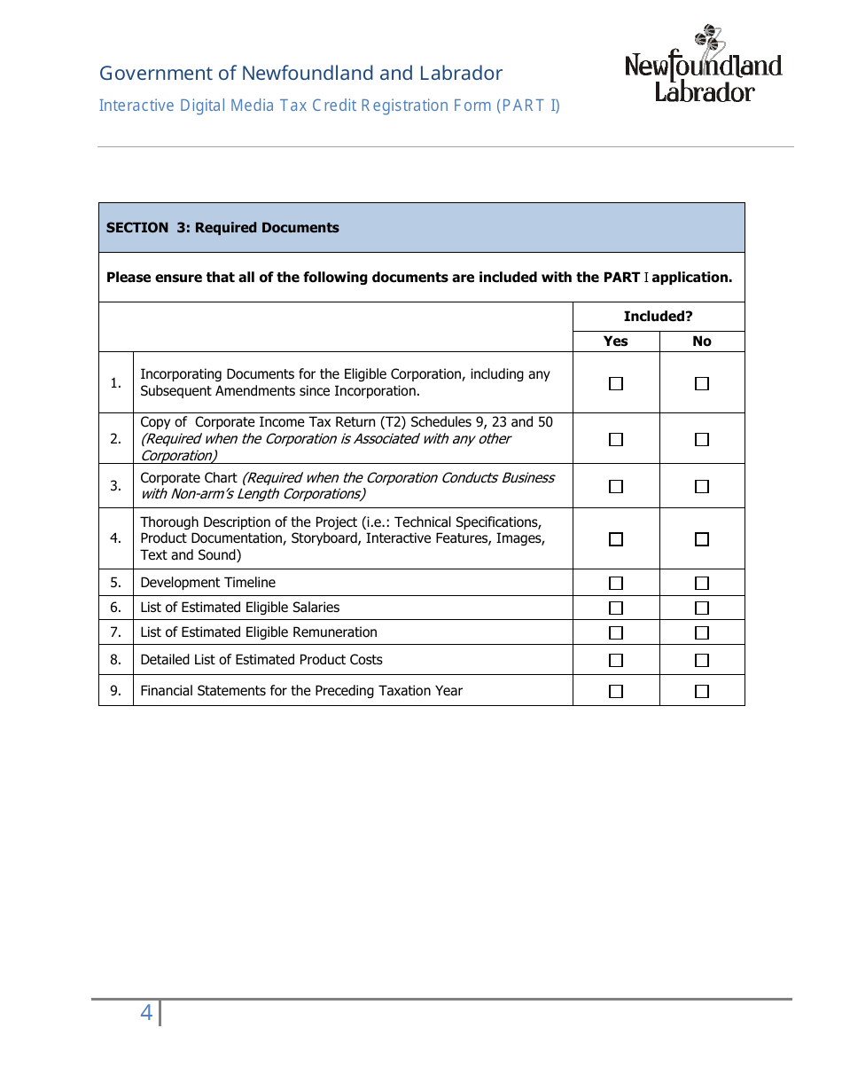 Interactive Digital Media Tax Credit Registration Application (Part I) - Newfoundland and Labrador, Canada, Page 4