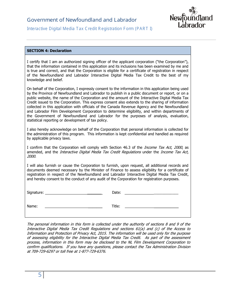 Interactive Digital Media Tax Credit Registration Application (Part I) - Newfoundland and Labrador, Canada, Page 5