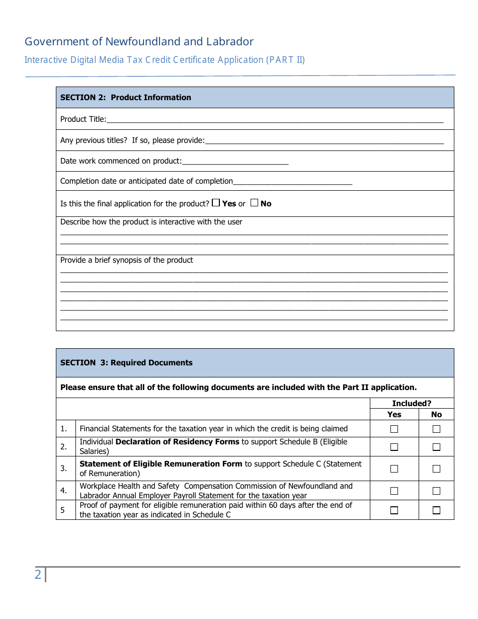 Interactive Digital Media Tax Credit Certification Application (Part II) - Newfoundland and Labrador, Canada, Page 2