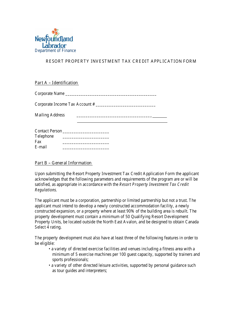 Resort Property Investment Tax Credit Application Form - Newfoundland and Labrador, Canada, Page 1