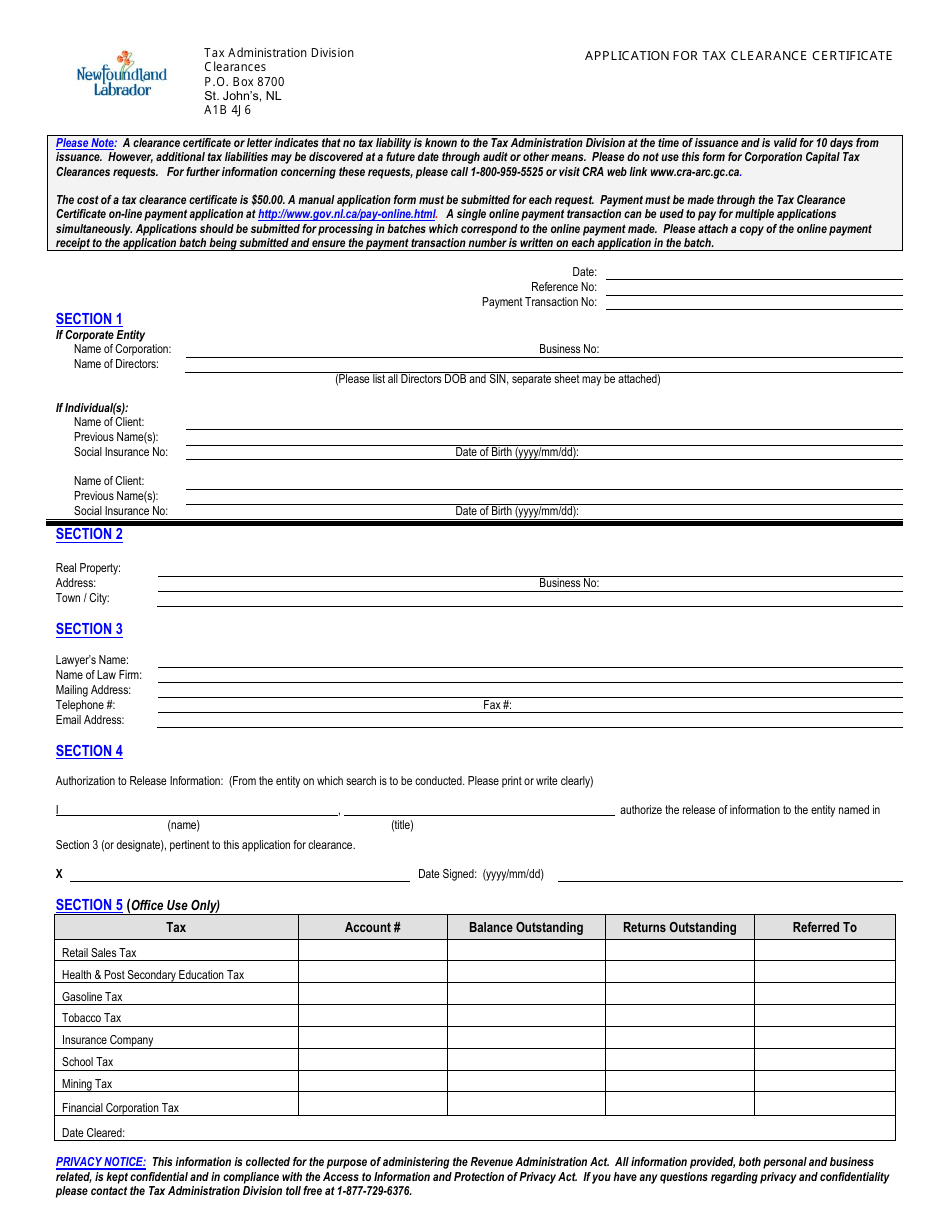 Application for Tax Clearance Certificate - Newfoundland and Labrador, Canada, Page 1