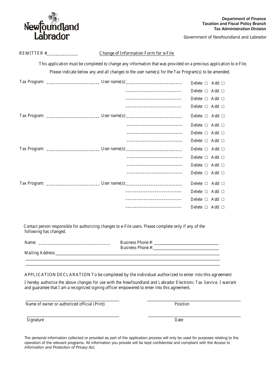 Change of Information Form for E-File - Newfoundland and Labrador, Canada, Page 1