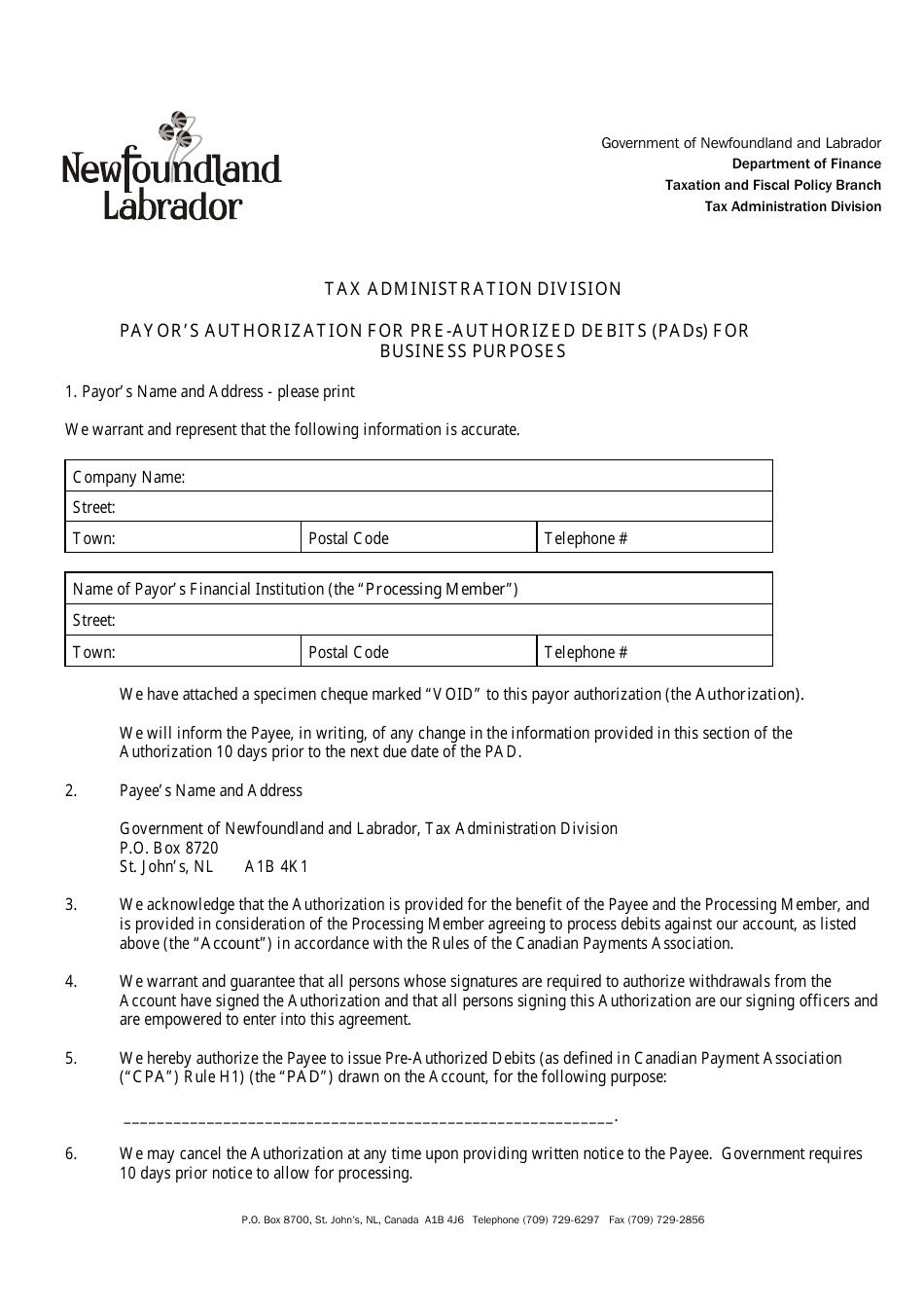Payors Authorization for Pre-authorized Debits (Pads) for Business Purposes - Newfoundland and Labrador, Canada, Page 1