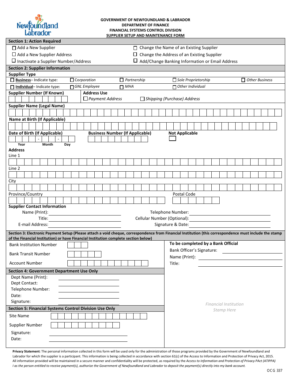 Form OCG337 Supplier Setup and Maintenance Form - Newfoundland and Labrador, Canada, Page 1