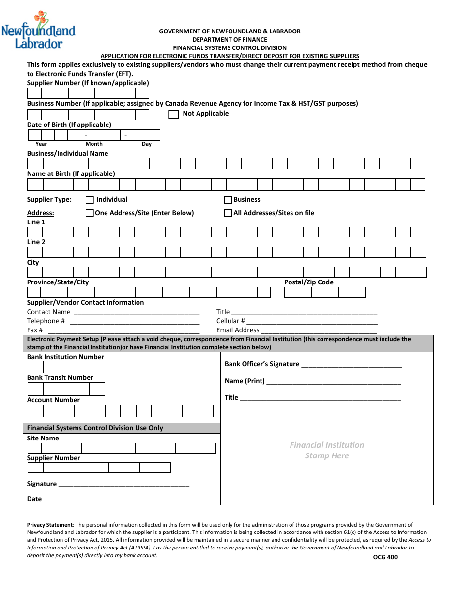 Form OCG400 Application for Electronic Funds Transfer / Direct Deposit for Existing Suppliers - Newfoundland and Labrador, Canada, Page 1