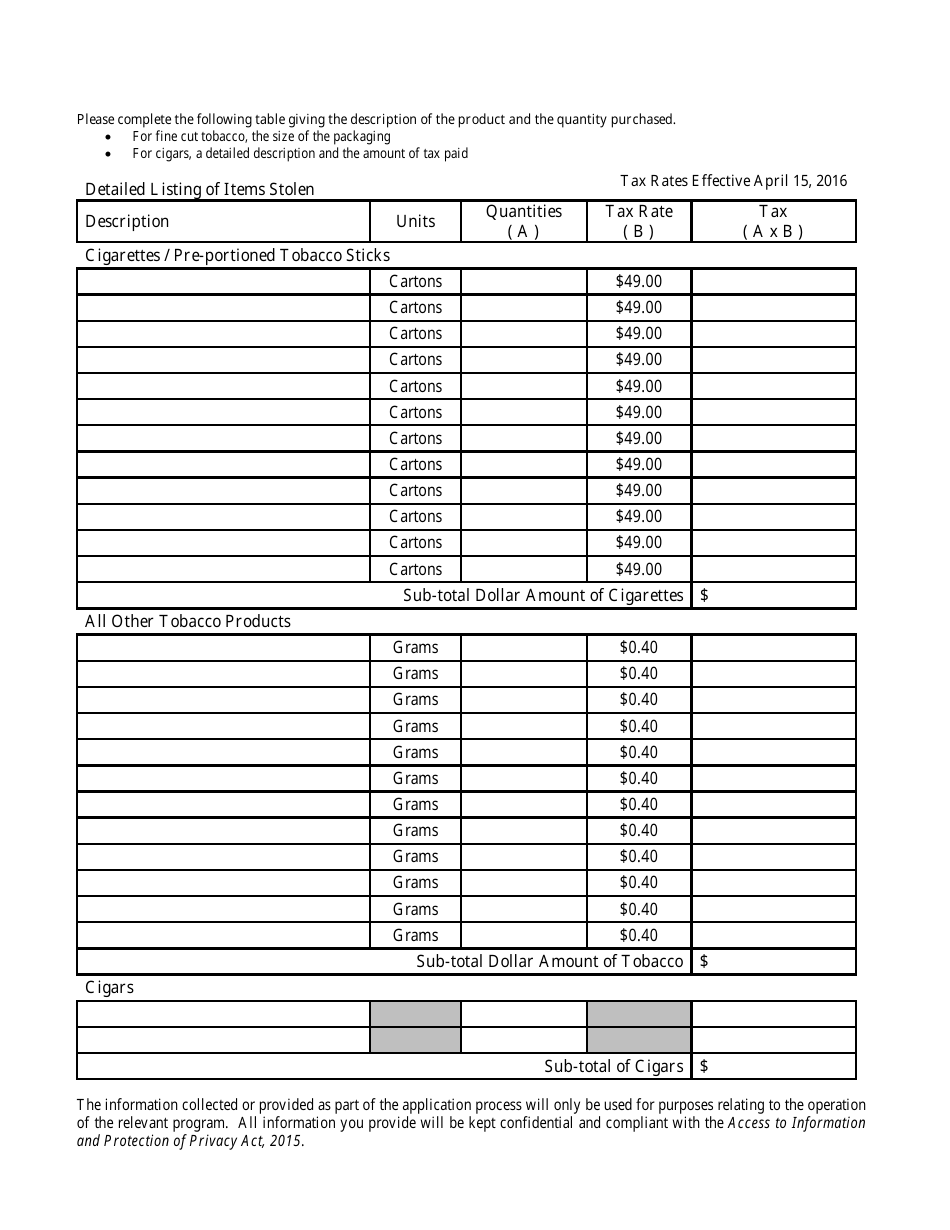 Application for Refund of Tobacco Tax - Newfoundland and Labrador, Canada, Page 2