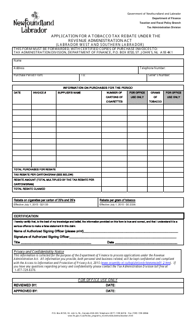 Application for a Tobacco Tax Rebate Under the Revenue Administration Act - Newfoundland and Labrador, Canada Download Pdf