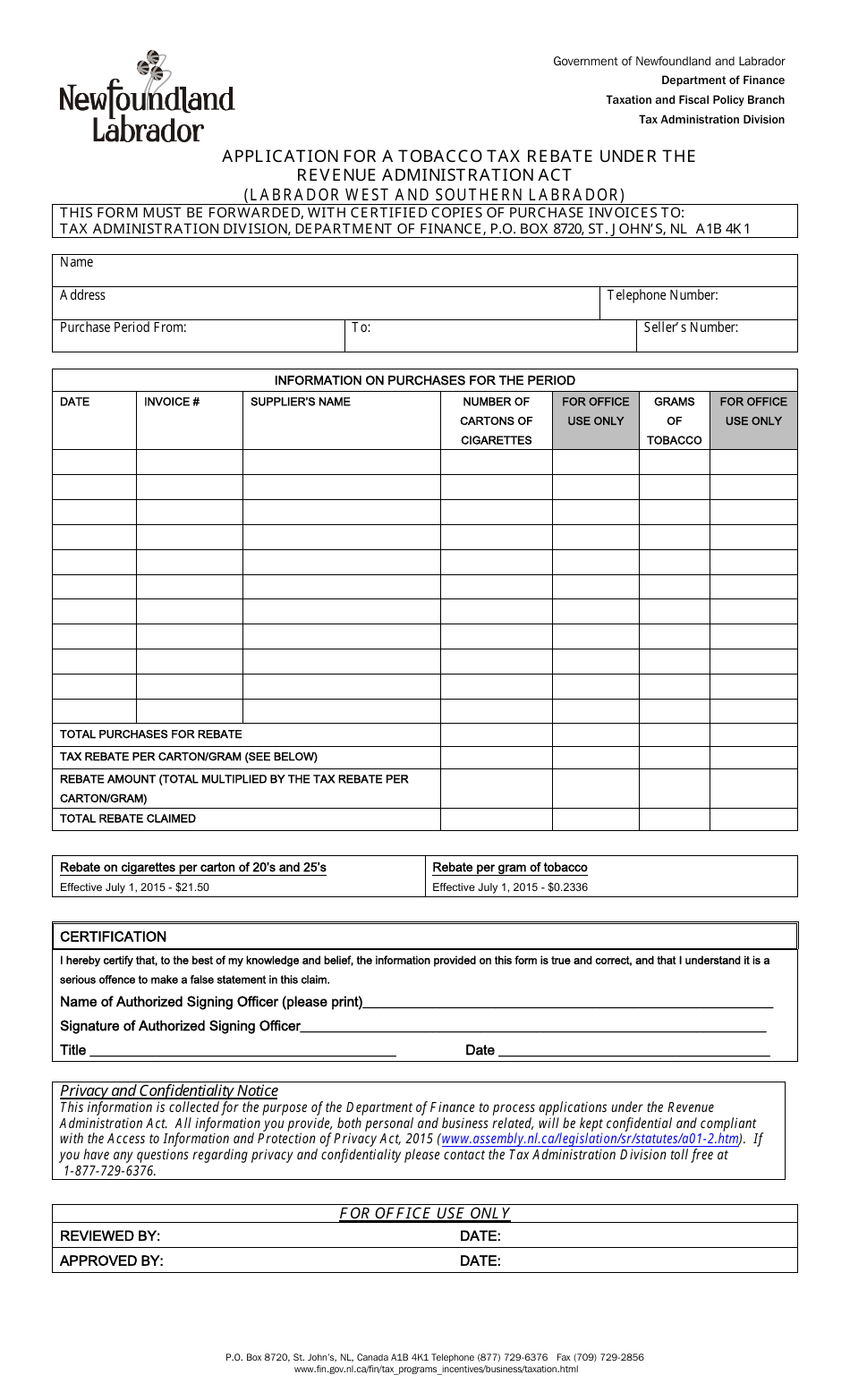 Application for a Tobacco Tax Rebate Under the Revenue Administration Act - Newfoundland and Labrador, Canada, Page 1