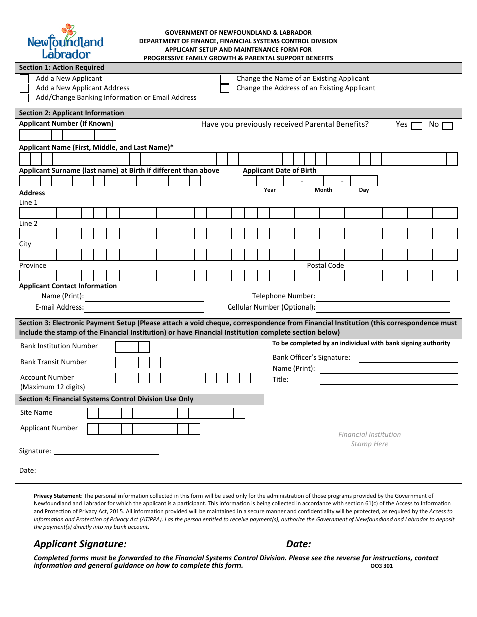 Form OCG301 Applicant Setup and Maintenance Form for Progressive Family Growth  Parental Support Benefits - Newfoundland and Labrador, Canada, Page 1