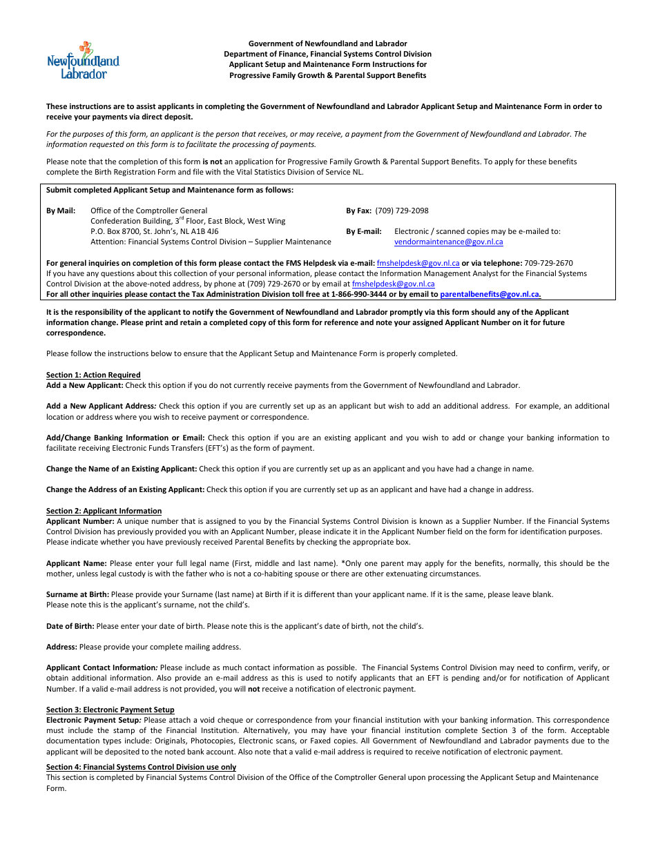 Form OCG301 Applicant Setup and Maintenance Form for Progressive Family Growth  Parental Support Benefits - Newfoundland and Labrador, Canada, Page 2