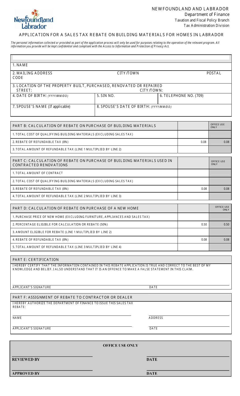 Application for a Sales Tax Rebate on Building Materials for Homes in Labrador - Newfoundland and Labrador, Canada, Page 1